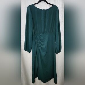 Gilli Dress Long Sleeve Forest Green Midi A-symmetrical Cinch Detail Large